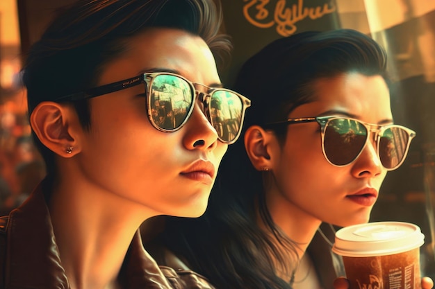 Portrait of asian couple wearing sunglasses drinking soda Generative AI