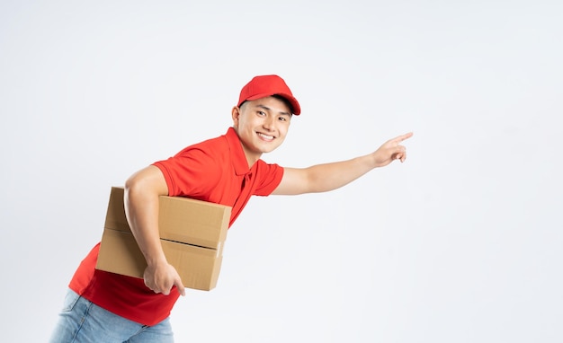 Portrait of asian delivery man on white background