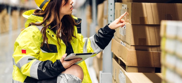 Portrait asian engineer woman shipping order detail on tablet\
check goods and supplies on shelves with goods background inventory\
in factory warehouselogistic industry and business export