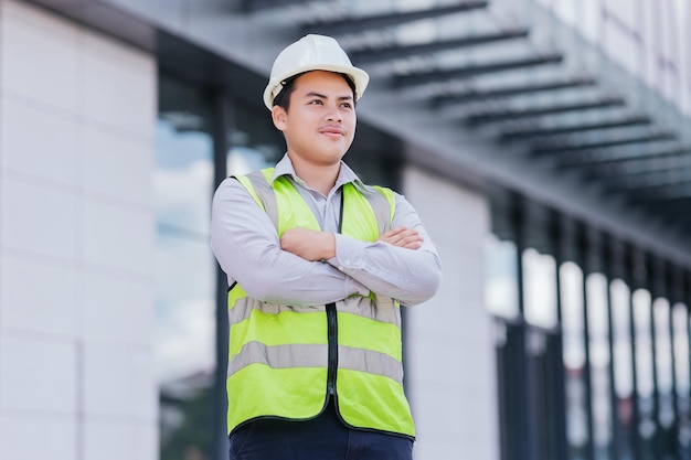 Portrait of Asian engineer young man standing with folded arms wearing safety vest and helmet on building construction site background Engineering construction worker concept