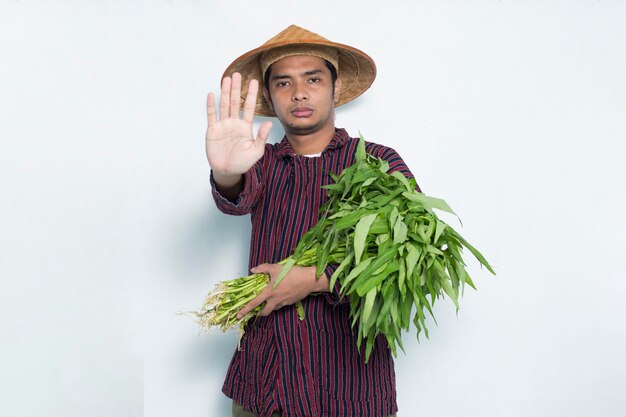 Portrait of asian farmer with open hand doing stop sign with serious expression defense gesture