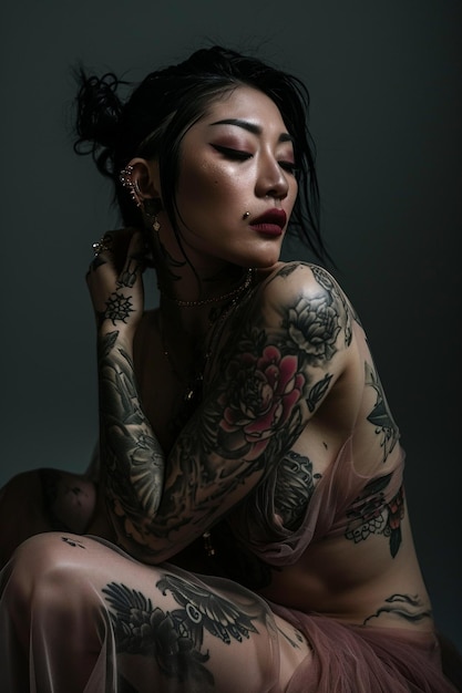 Portrait of an asian fashionmodel with fullbody tattoos
