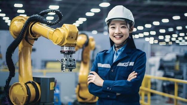 Portrait of asian female engineer wearing uniform and saftey helmet standing confident and cheerful