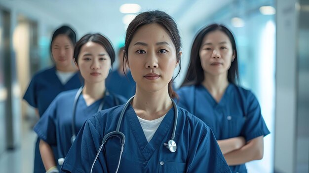 Portrait of Asian female nurse team in hospital corridor Group of woman doctors wear uniform