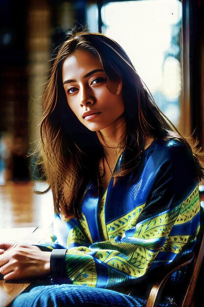 Portrait of Asian girl looking at camera outdoor Focus on face stock photo