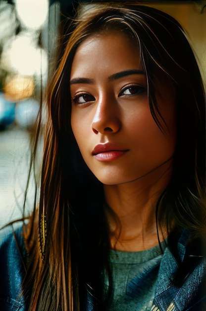 Portrait of Asian girl looking at camera outdoor Focus on face stock photo