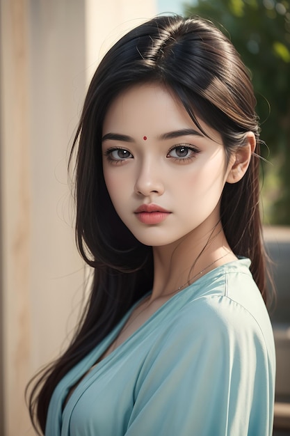 카메라를 바라보는 빨간 점이 있는 아시아 소녀의 초상화