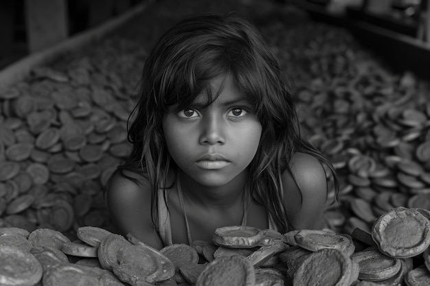 일하는 아시아 소녀의 초상화 어린이 노동 흑백 사진