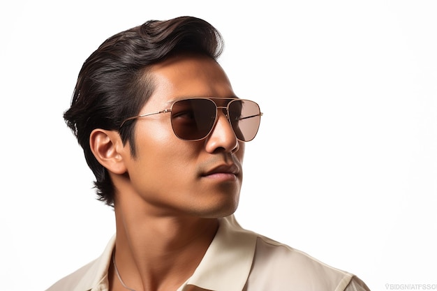 portrait of asian handsom man in sunglassess on colour background