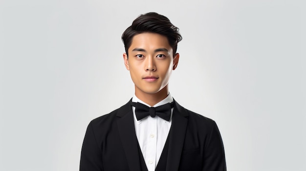 Photo portrait of asian handsome yong waiter in tuxedo and gloves while happily looking in camera with arms folded on white background