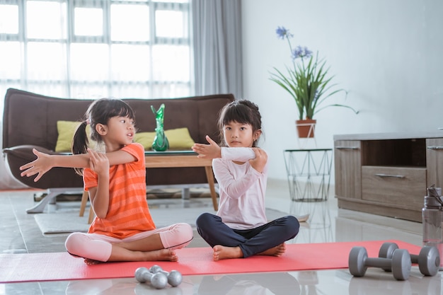 自宅で運動しているアジアの幸せな二人の少女の肖像画