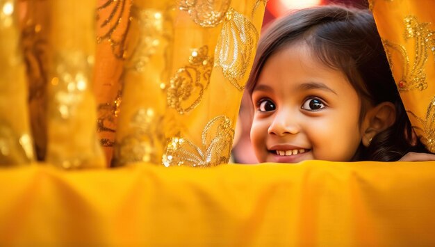 Portrait of asian little girl smiling in the yellow curtain