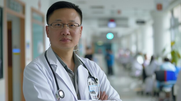 Photo portrait of asian male doctor with stethoscope in hospital corridor