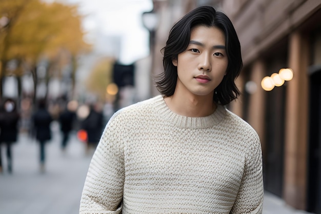 Portrait of an Asian man in a beige sweater in autumn on a city street