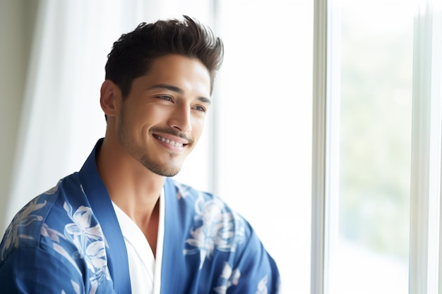 Portrait of Asian man in blue kimono