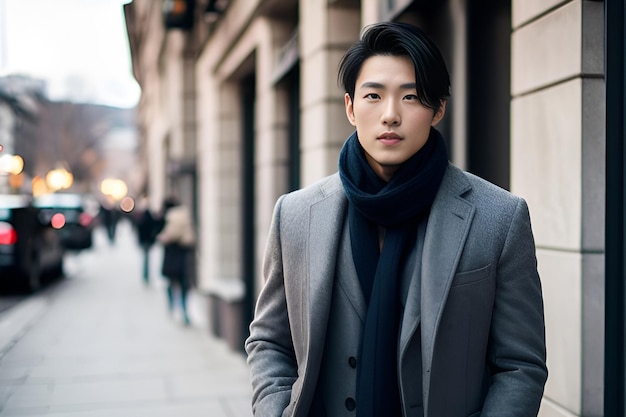 Portrait of an Asian man in a coat with a scarf in autumn on a city street