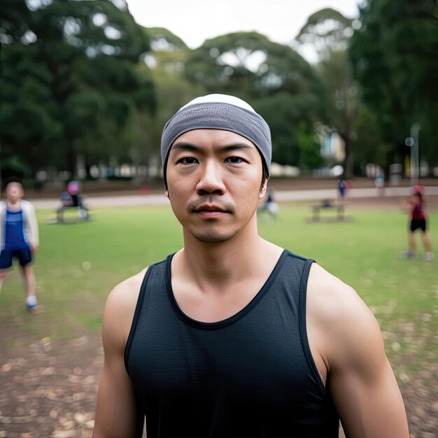 Premium AI Image | Portrait of Asian man in sportswear and cap at the park