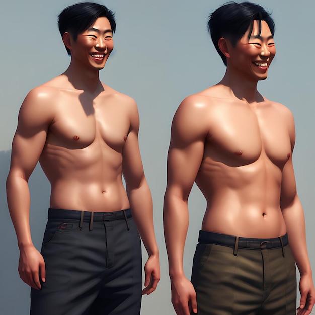 Portrait of Asian Men Shirtless Smiling Happily Illustration