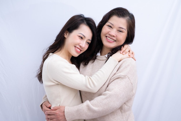 Portrait of Asian mother and daughter on white background