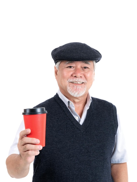 Portrait Asian senior man old man feel happy good health holding coffee cup isolated on white background lifestyle senior male concept