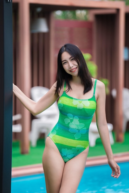 Portrait of asian sexy woman at swimming poolThailand has a slim body shapeHealthy woman conceptFashion bikini summer