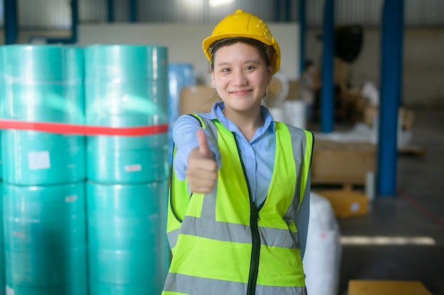 Portrait of An Asian smiling engineering  woman is working  in modern warehouse