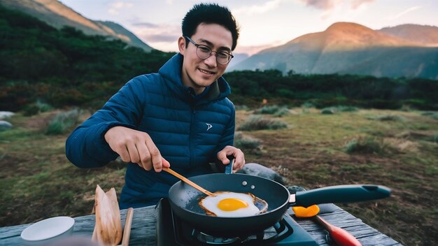 Portrait of asian traveler man glasses frying a tasty fried egg in a hot pan at the campsite outdoo