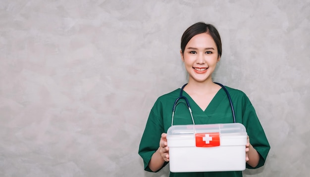 Portrait asian woman doctor wearing uniform carrying first aid box kit with copy space background