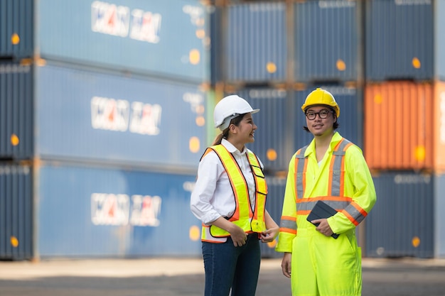 Portrait of Asian woman engineer and worker working with coworker at overseas shipping container