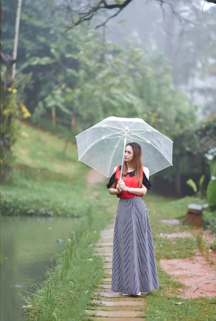 雨の日に透明な傘を持っているアジアの女性の肖像画。