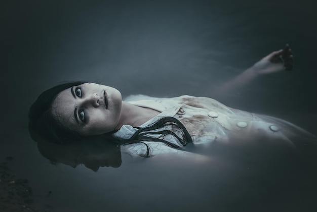 アジアの女性の肖像画は、沼地で幽霊の顔を作りますホラーシーン怖い背景ハロウィーンのポスターT