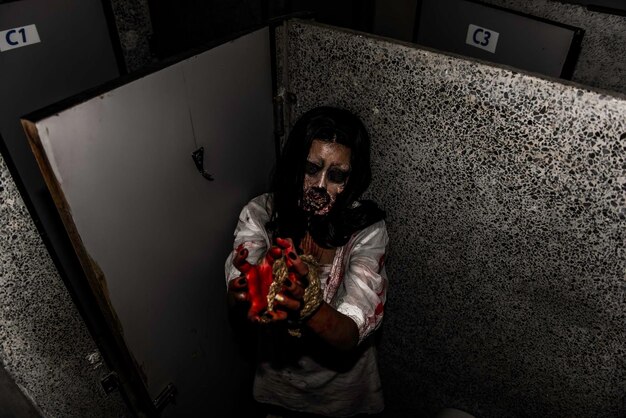 Photo portrait of asian woman make up ghost face with bloodhorror scenescary backgroundhalloween posterthailand people