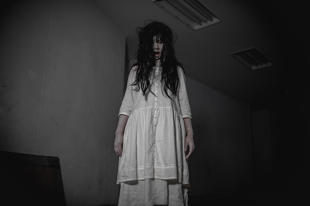 Portrait of asian woman make up ghost face with bloodHorror sceneScary backgroundHalloween posterThailand people