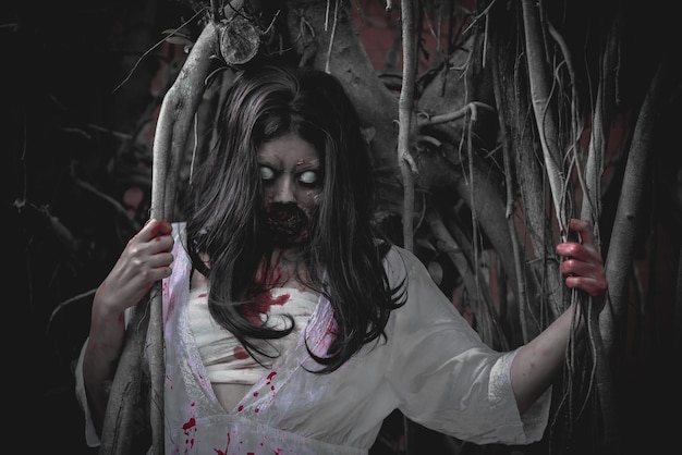 Portrait of asian woman make up ghostScary horror scene for backgroundHalloween festival conceptG