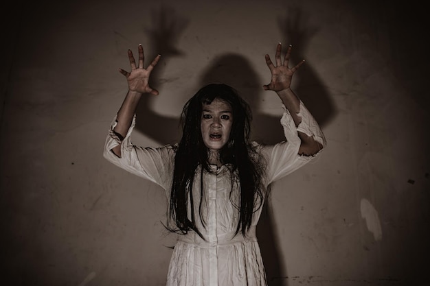 Il ritratto di una donna asiatica compone il fantasmascena horror spaventosa per lo sfondoconcetto del festival di halloweenposter di film fantasma