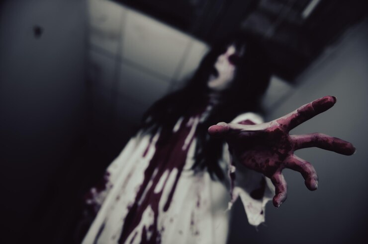 Photo アジアの女性の肖像画は、幽霊を構成します背景の怖いホラーシーンハロウィーンフェスティバルのコンセプト幽霊映画のポスターアパートの怒りの精神