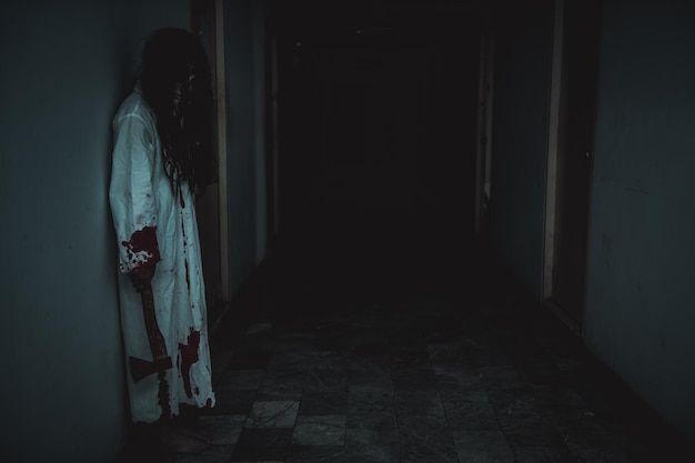 portrait of asian woman make up ghostscary horror scene for backgroundhalloween festival conceptghost movies posterangry spirit in the apartment