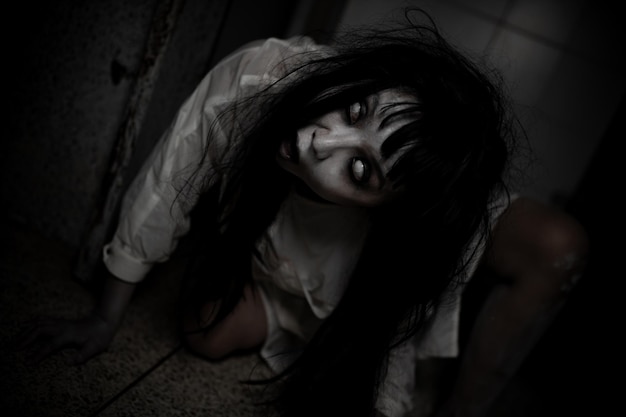 Photo portrait of asian woman make up ghostscary horror scene for backgroundhalloween festival conceptghost movies posterangry spirit in the apartment