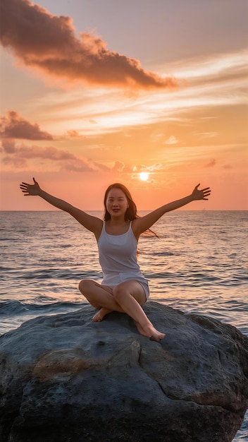 Portrait of asian woman on the rock with opened arms at sunset around ocean in vacation