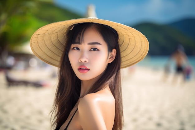 Portrait of an Asian Woman on Tropical Beach