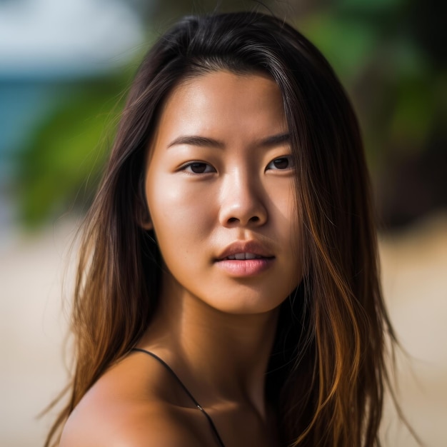 Foto ritratto di una donna asiatica sulla spiaggia tropicale