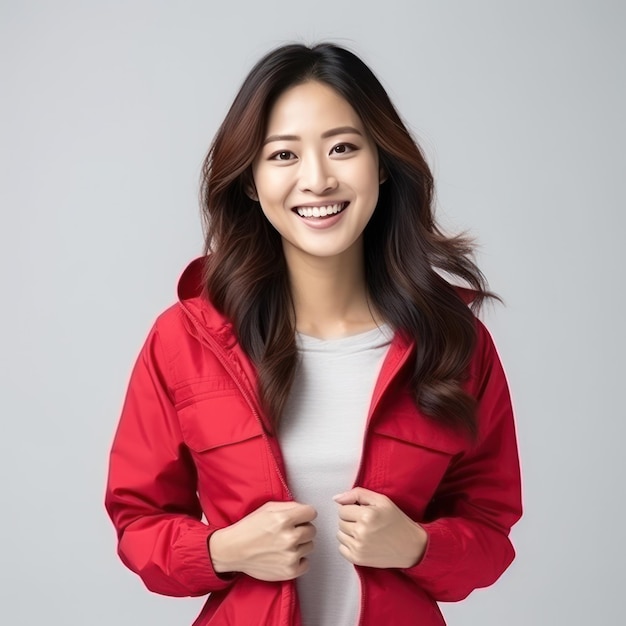Portrait of asian woman in vivid jacket smiling and looking happy isolated