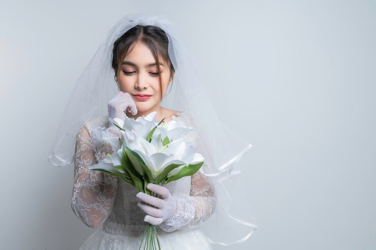 Photo 肖像画, の, アジアの女性, ウエア, 花嫁, ∥で∥, 花, 白, backgroundwedding, 概念