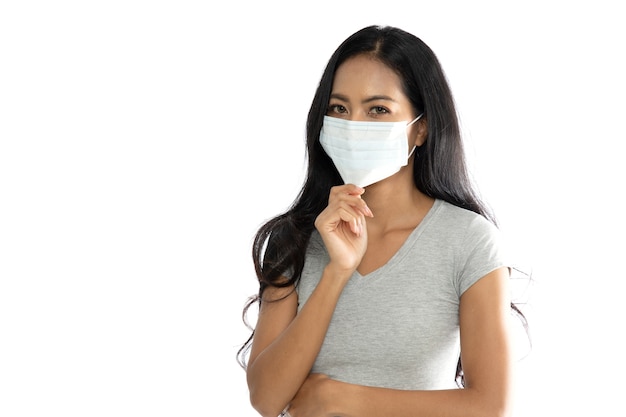 Portrait of an Asian woman wearing a medical flu mask to prevent coronavirus