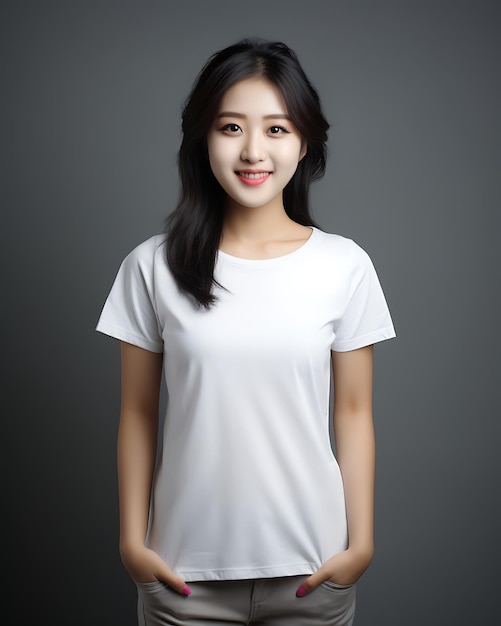 Portrait of asian woman in white t shirt on grey background