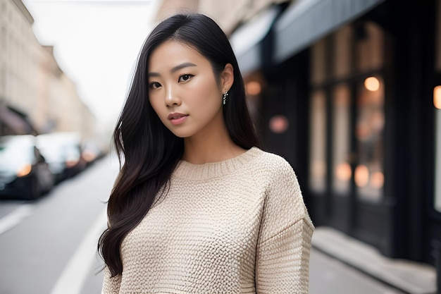 Portrait of an Asian woman with long hair in a warm sweater on the street near a cafe