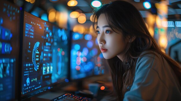 Portrait of asian woman working on desktop computer at night