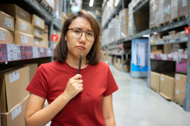 Foto ritratto donne asiatiche, personale, conteggio prodotti responsabile controllo magazzino in piedi,