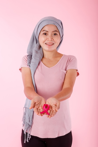 Portrait of a asian women wearing headscarf disease with hand checking lumps on her breast for signs of breast mammary cancer isolated on white blank copy space studio background,medicine concept