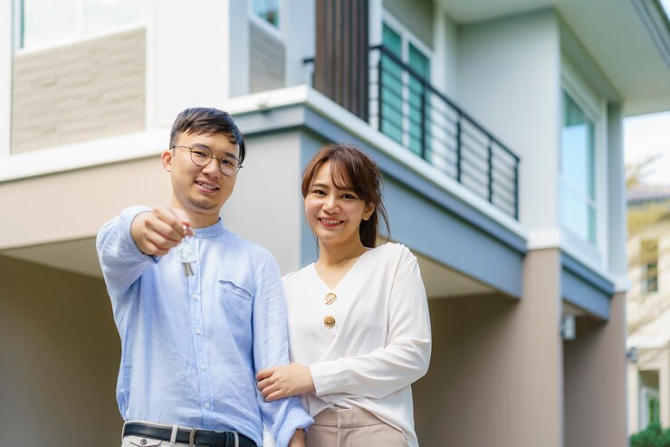 一緒に立って抱きしめ、幸せそうに見える家の鍵を保持しているアジアの若いカップルの肖像画
